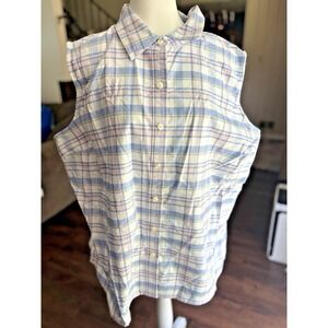 LL Bean Tank Top Woman 3X‎ Plus Blue Plaid Button Up Outdoor Cotton Hike